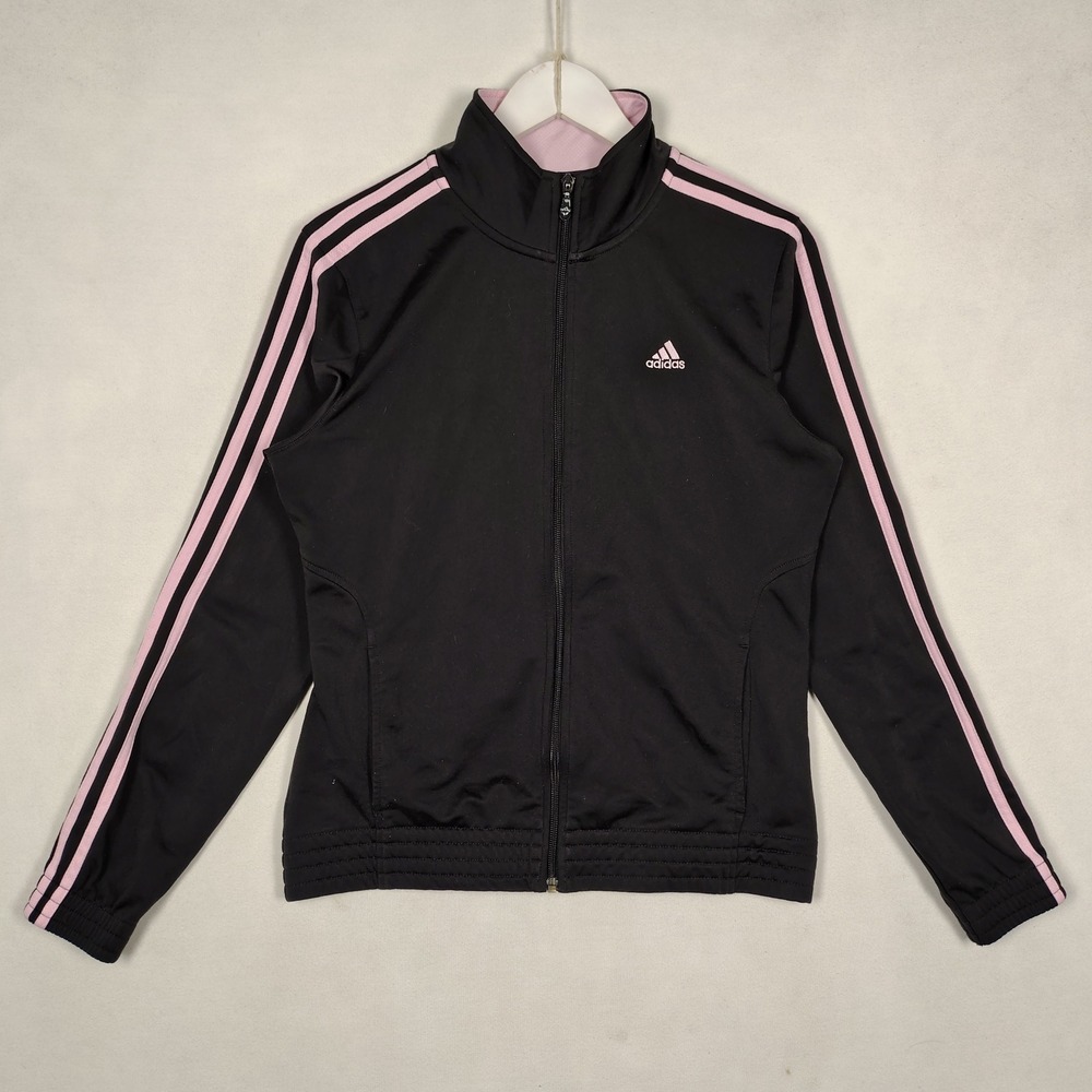 Adidas Womens Track Jacket Black Pink 3 Stripe Full Zip M